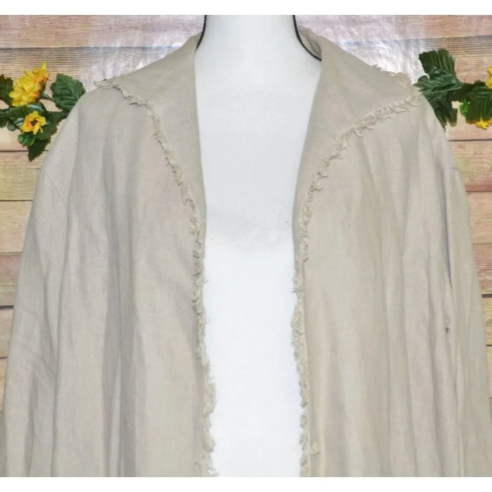 Vintage LAFAYETTE 148 100% Linen Open Front Jacket Size L Raw Trim Neutral Khaki - Image 6