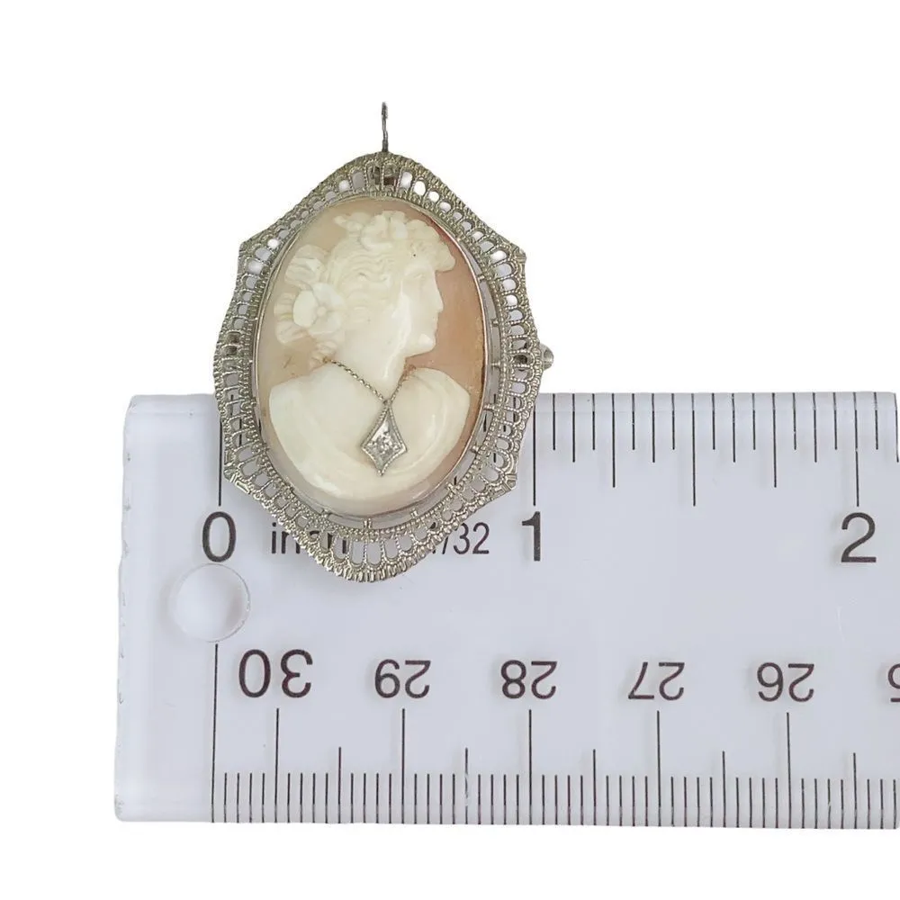 10K White Gold Vintage Lady Carved Cameo Diamond Pendant Pin Brooch - Image 5