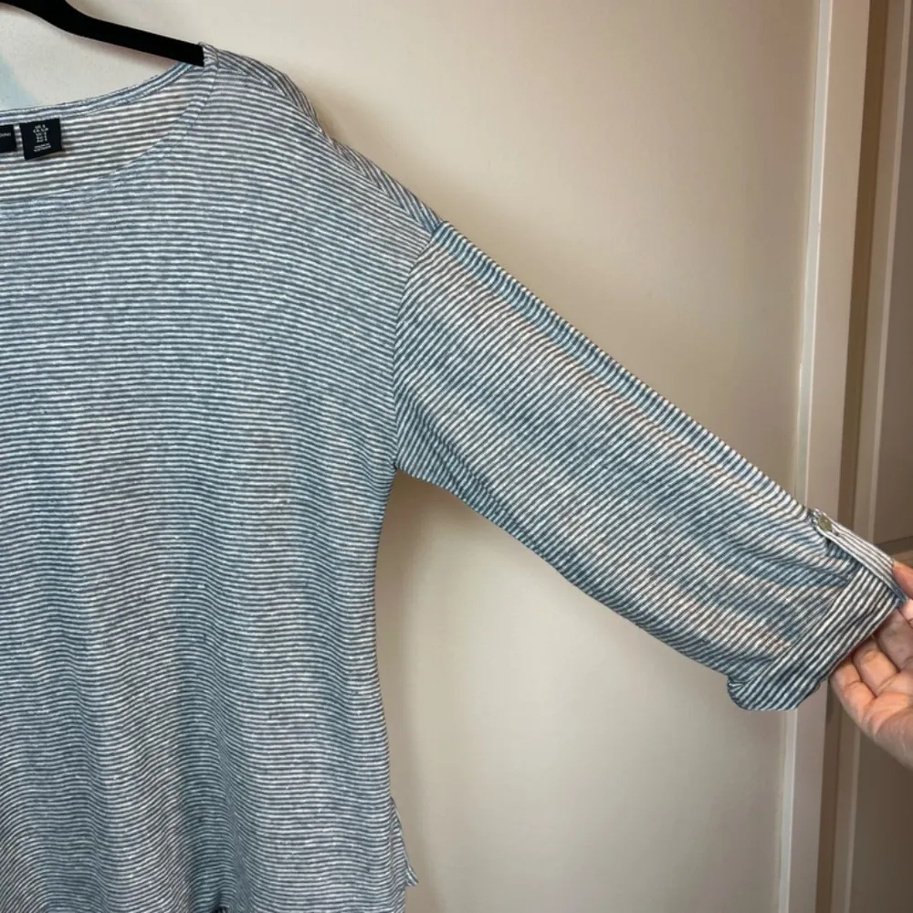 Adrienne Vittadini Striped Linen Tunic Blouse Blue White Roll Tab Sleeves Small - Image 2