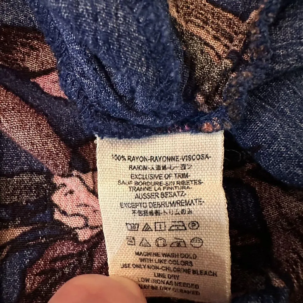 Free People Women's Small Blue Floral Long Sleeve Oversized Tunic Top Rayon - Image 4