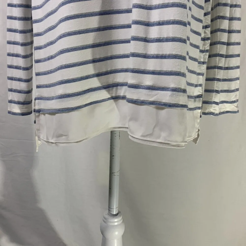 White House Black Market Casual Blue White and Silver Striped Hoodie Siz… - Image 3