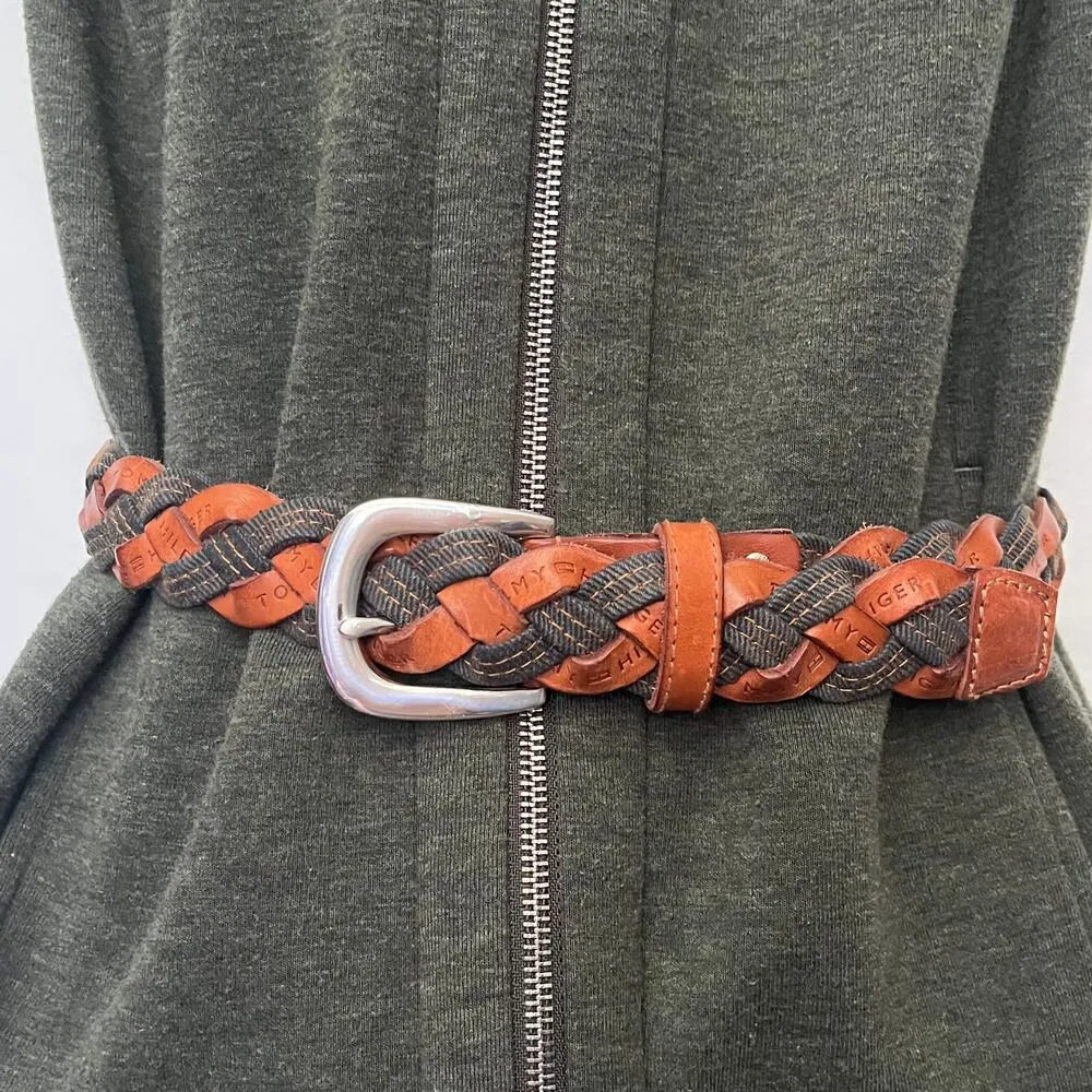 TOMMY HILFIGER Braided Leather Denim Womens Belt Size Medium Brown Blue 90s y2k - Image 3