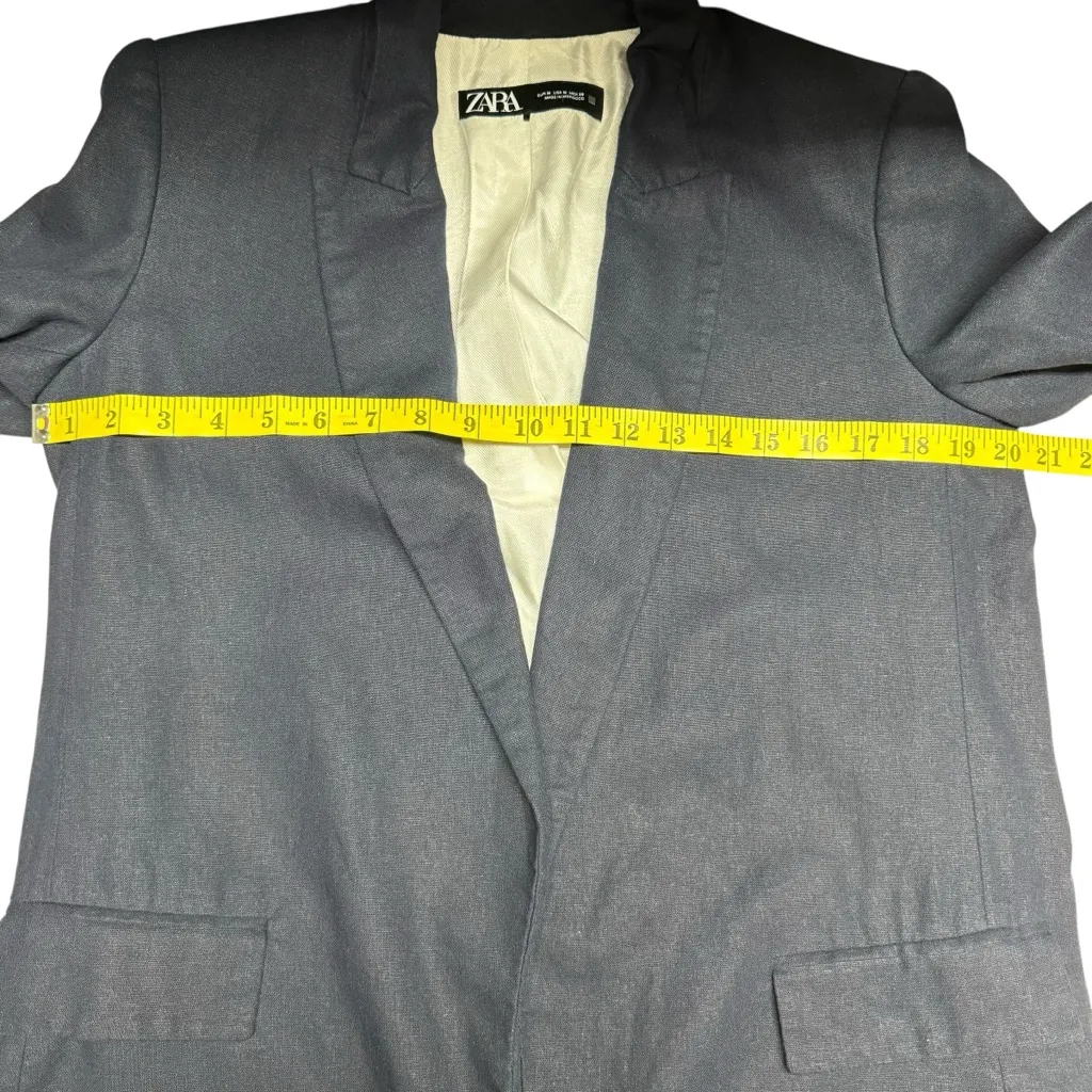 Zara Navy Blue Linen Blend Open Front Blazer Jacket Size Medium Striped Lining - Image 12