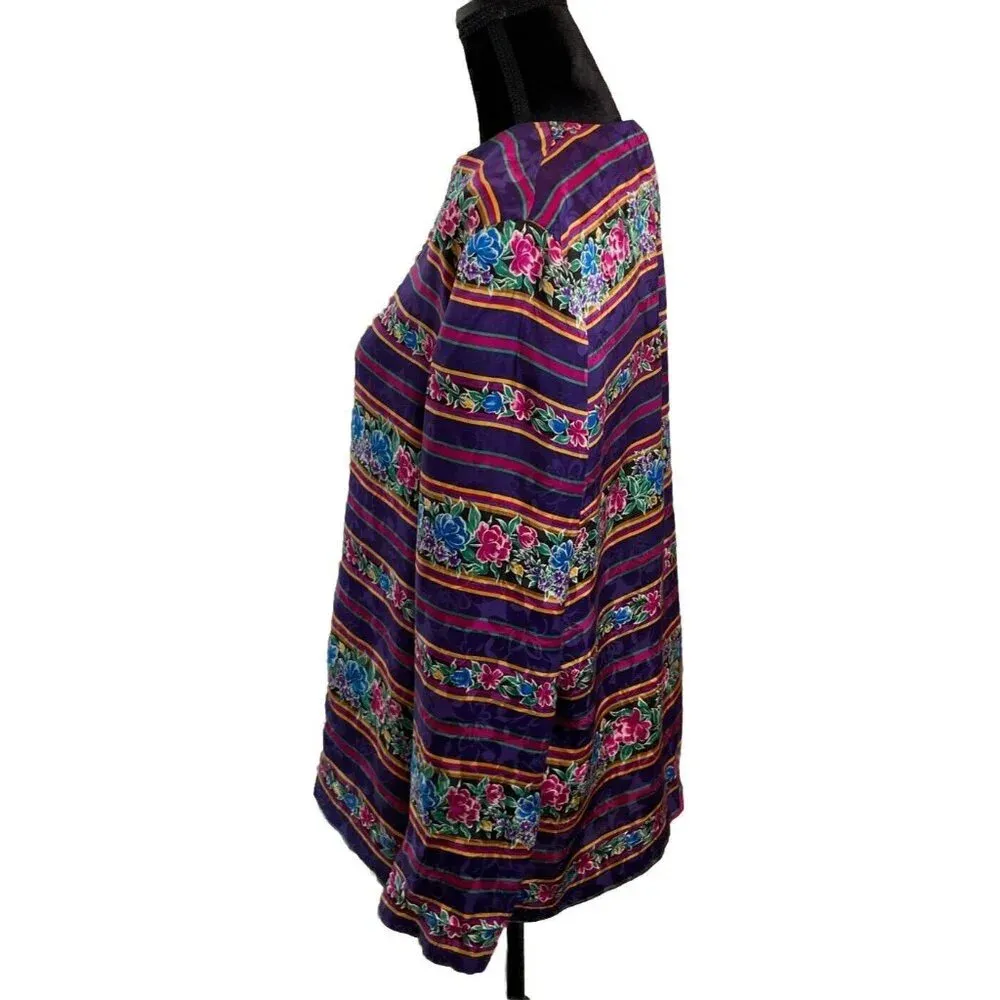 Adrianna Papell 12 Silk‎ Hook & Eye Button Colorful Floral Shirt Granny Boho VTG Purple - Image 5