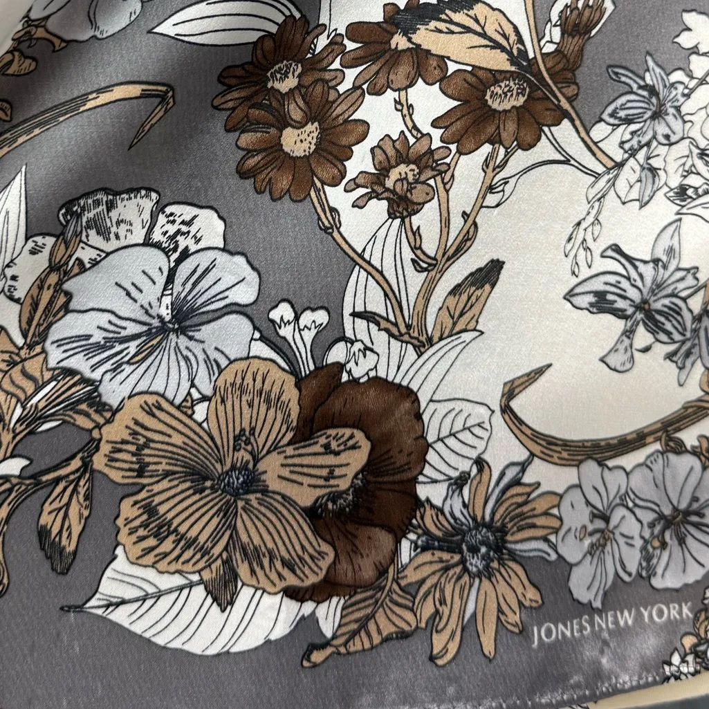 Vintage Jones New York Gray Brown Floral Silk Scarf Grey Floral Cottage Boho - Image 2