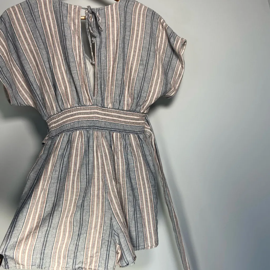 American Eagle Stripe Linen Tie Waist Romper Pockets Cottagecore White Blue Sz S - Image 9