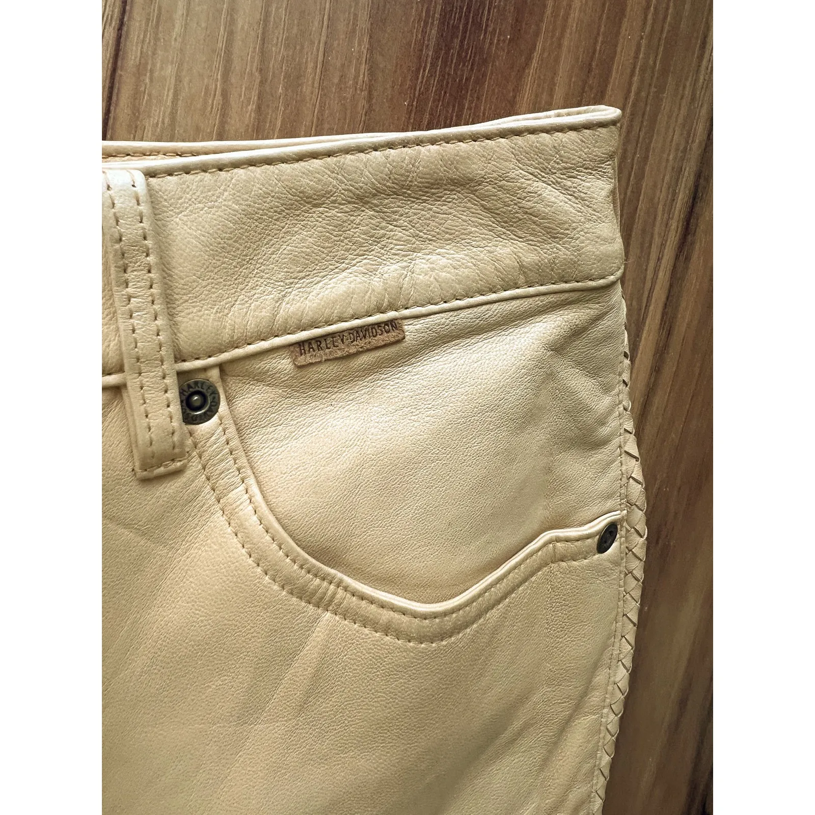 Vintage Harley Davidson Leather Fringe Pants Tan Moto Y2K Women's Size 40/12 - Image 4
