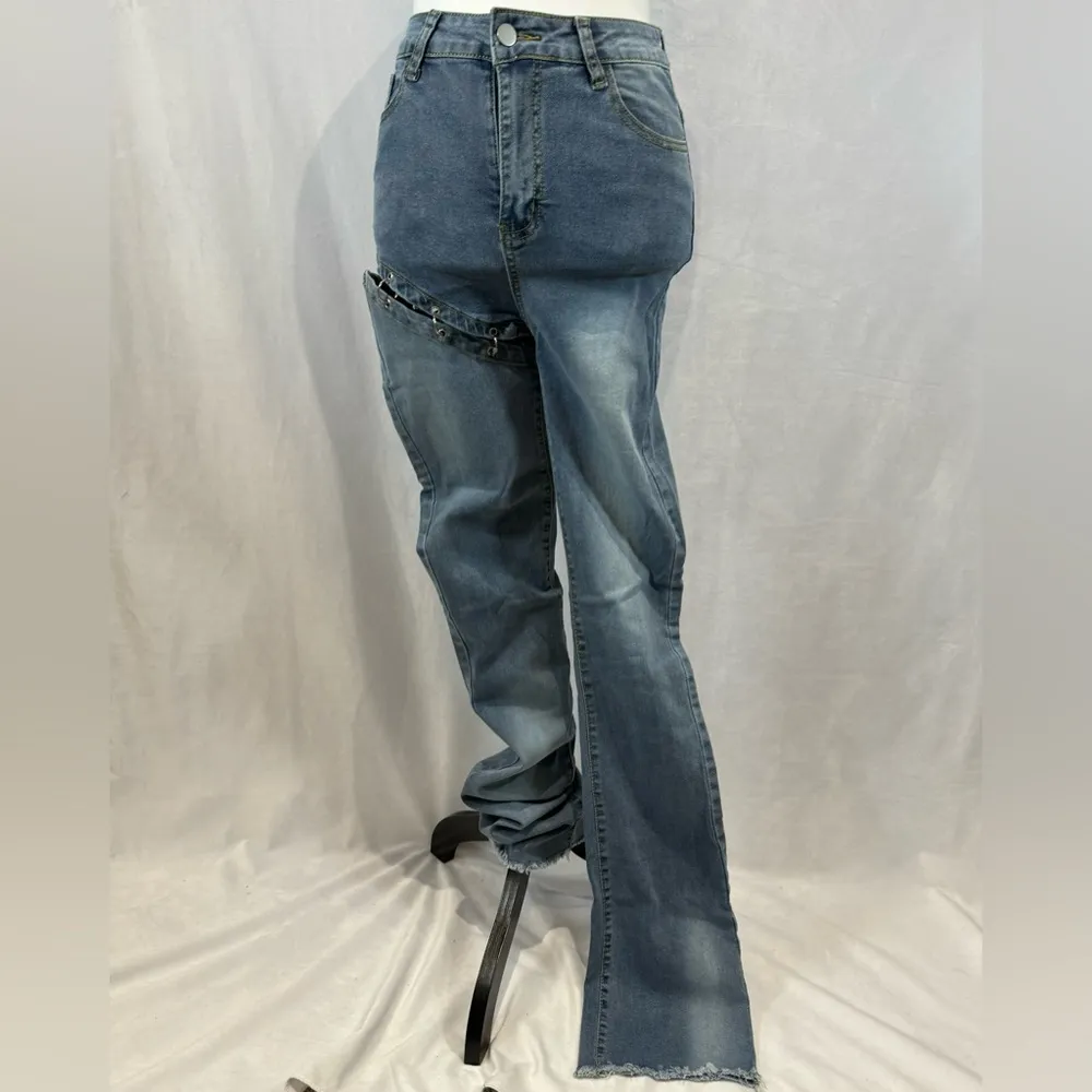 High waisted stacked split leg detachable streetwear fashion jeans size medium - Image 4