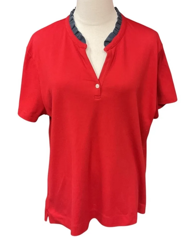 Orvis‎ Women's Ruffled Neck Short Sleeve V-Neck Pullover Casual Top Shirt Size L - Image 1