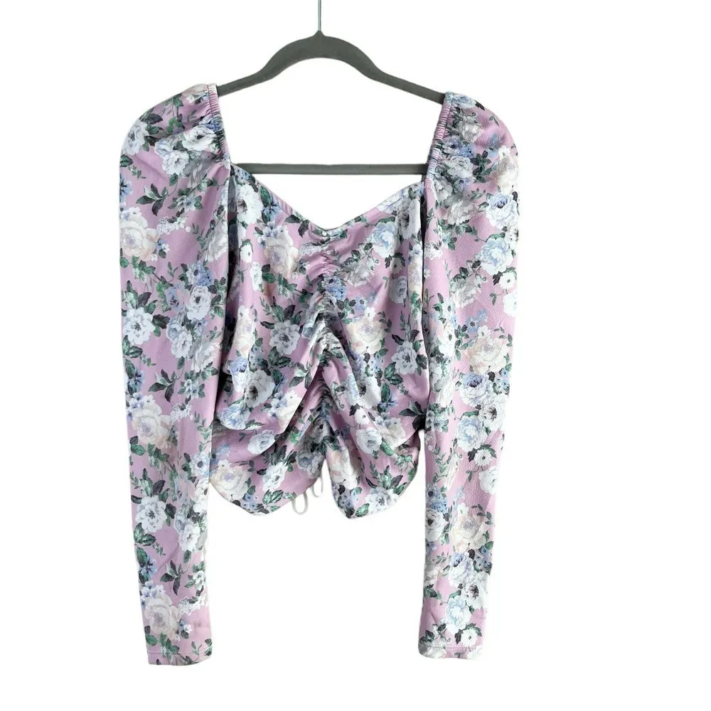 ASOS DESIGN Long Sleeve Crop Top Lace Up Front in Pink Floral Print,‎ Size 8 - Image 8