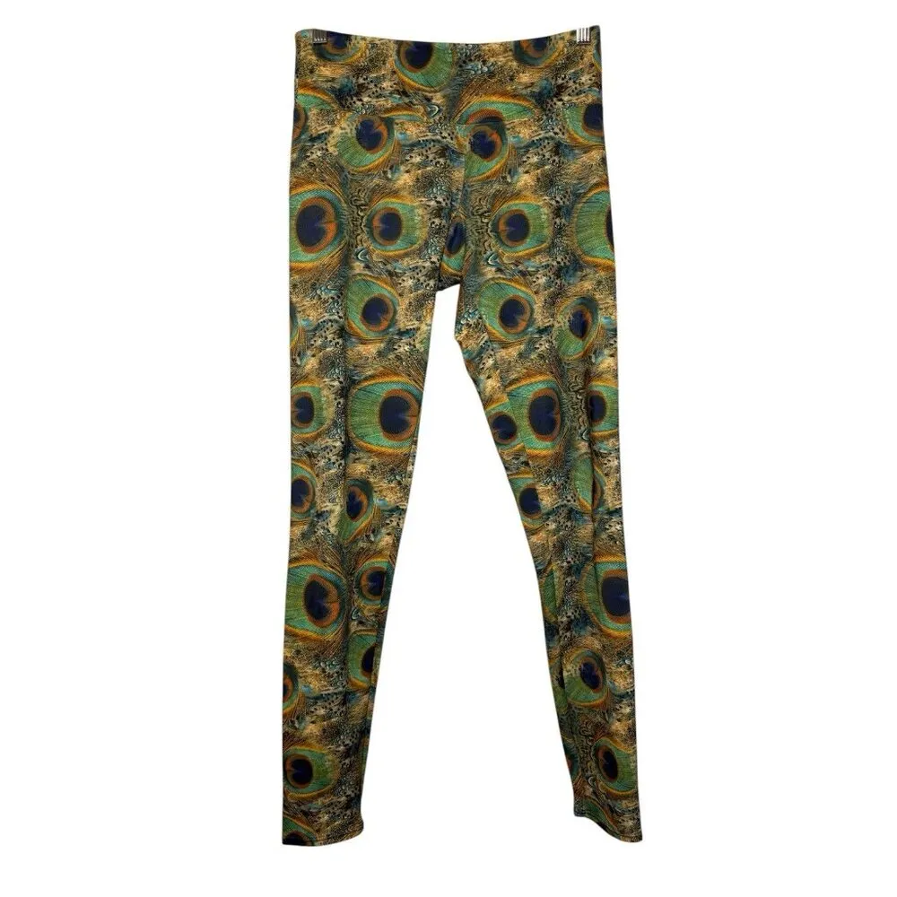 Onzie Long Leggings Yoga Pants‎ Womens Size MT Peacock Feathers Green Low Rise - Image 4