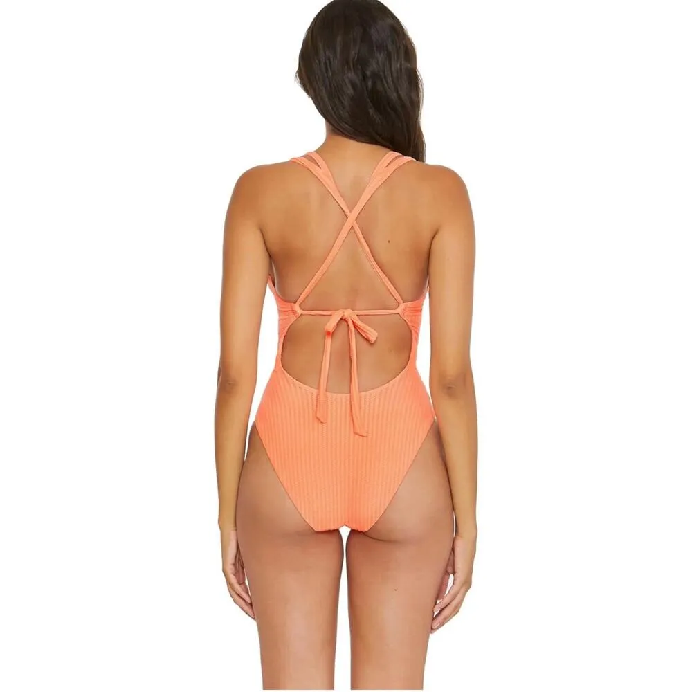 BECCA Line in The Sand Lainey Textured Rib Plunge One-Piece Swimsuit Nectar M - Image 2