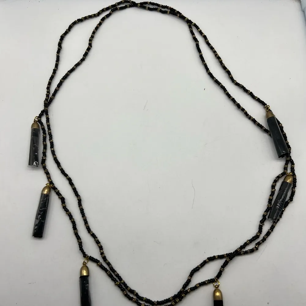 NEW black and gold beaded lariat necklace with five black tassels - Image 12