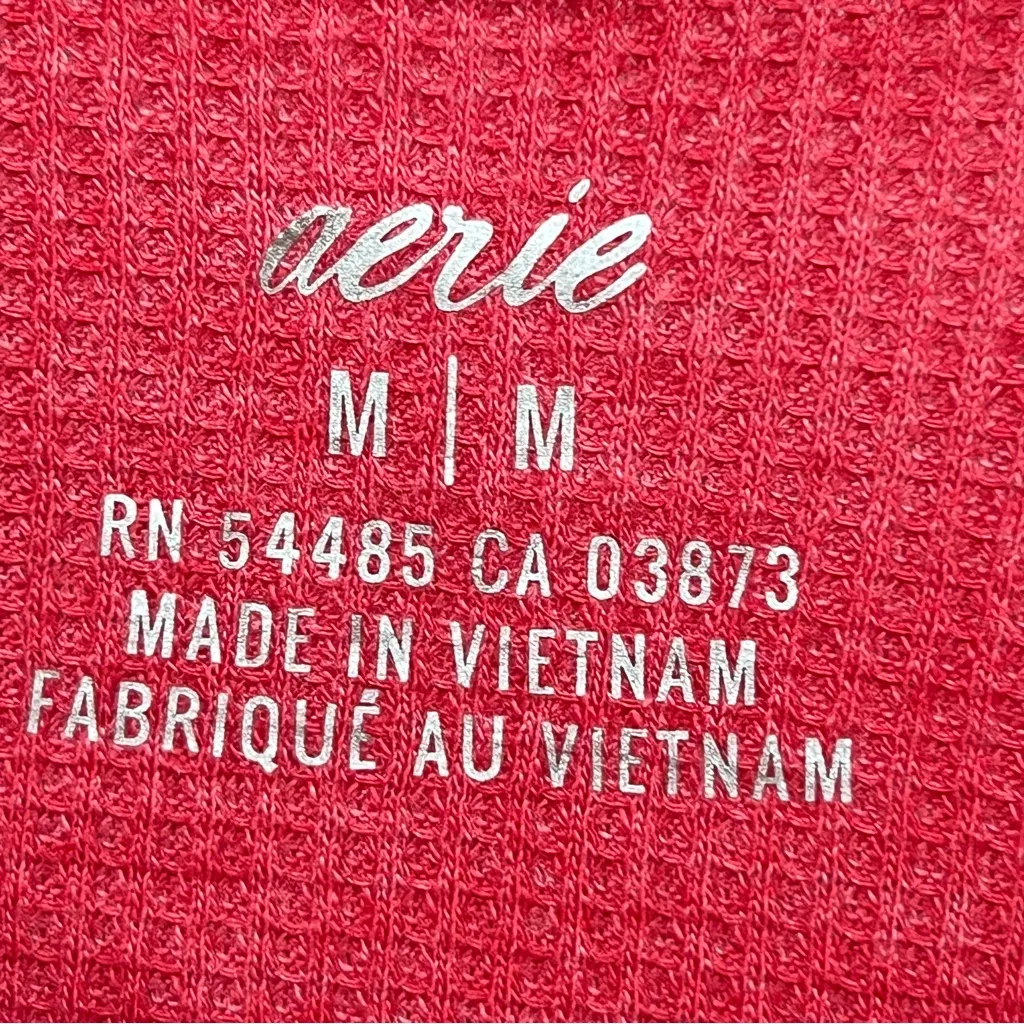 Aerie Henley thermal women’s M red waffle knit distressed neckline long sleeve - Image 2