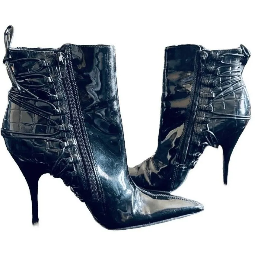 Carlos Santana Black Ankle Boots  Pointed Toe Stiletto Heel Patent Lace-Up Croc - Image 7