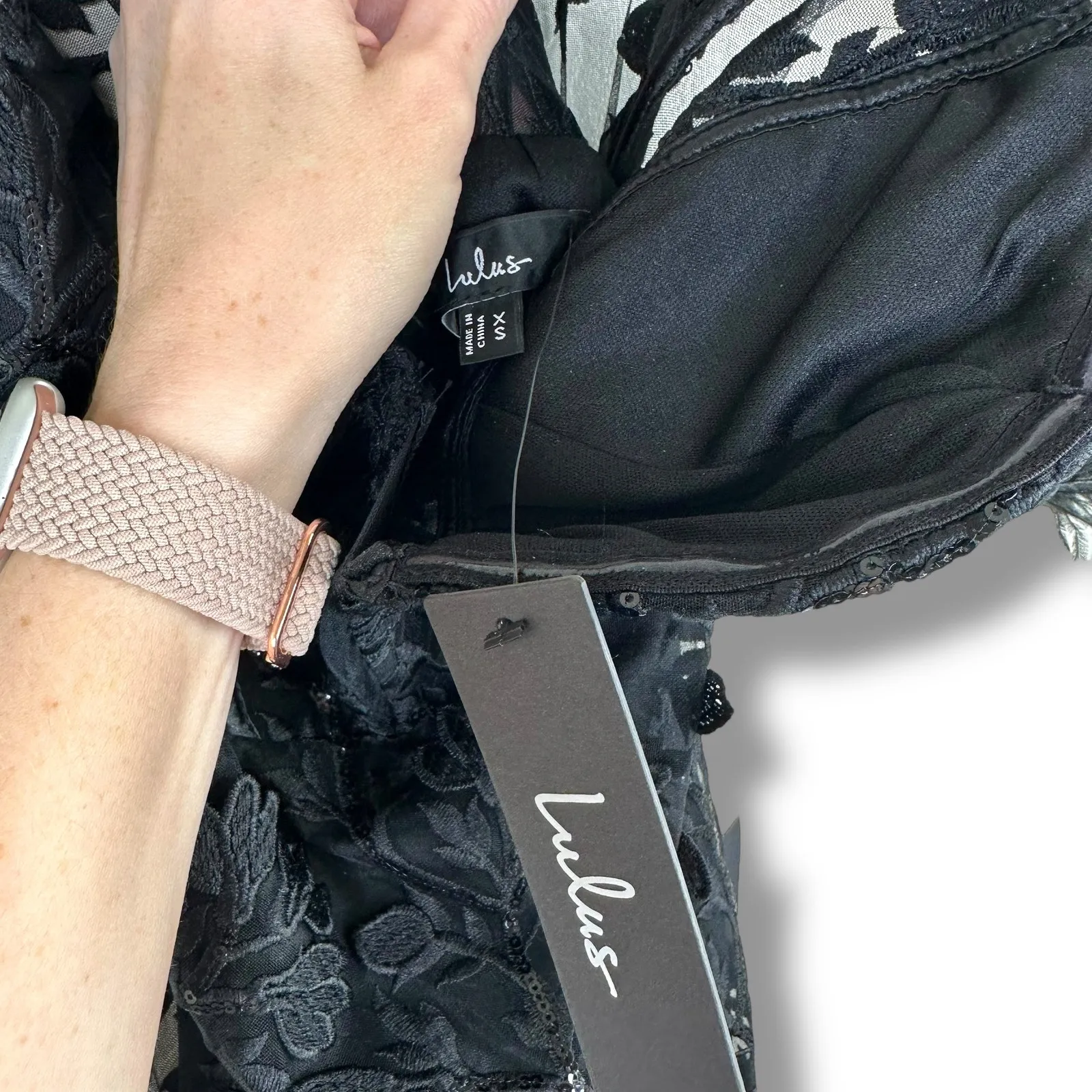 Lulus NWT Midnight Sparkle Black Embroidered Feather Bustier Maxi Dress XS - Image 12