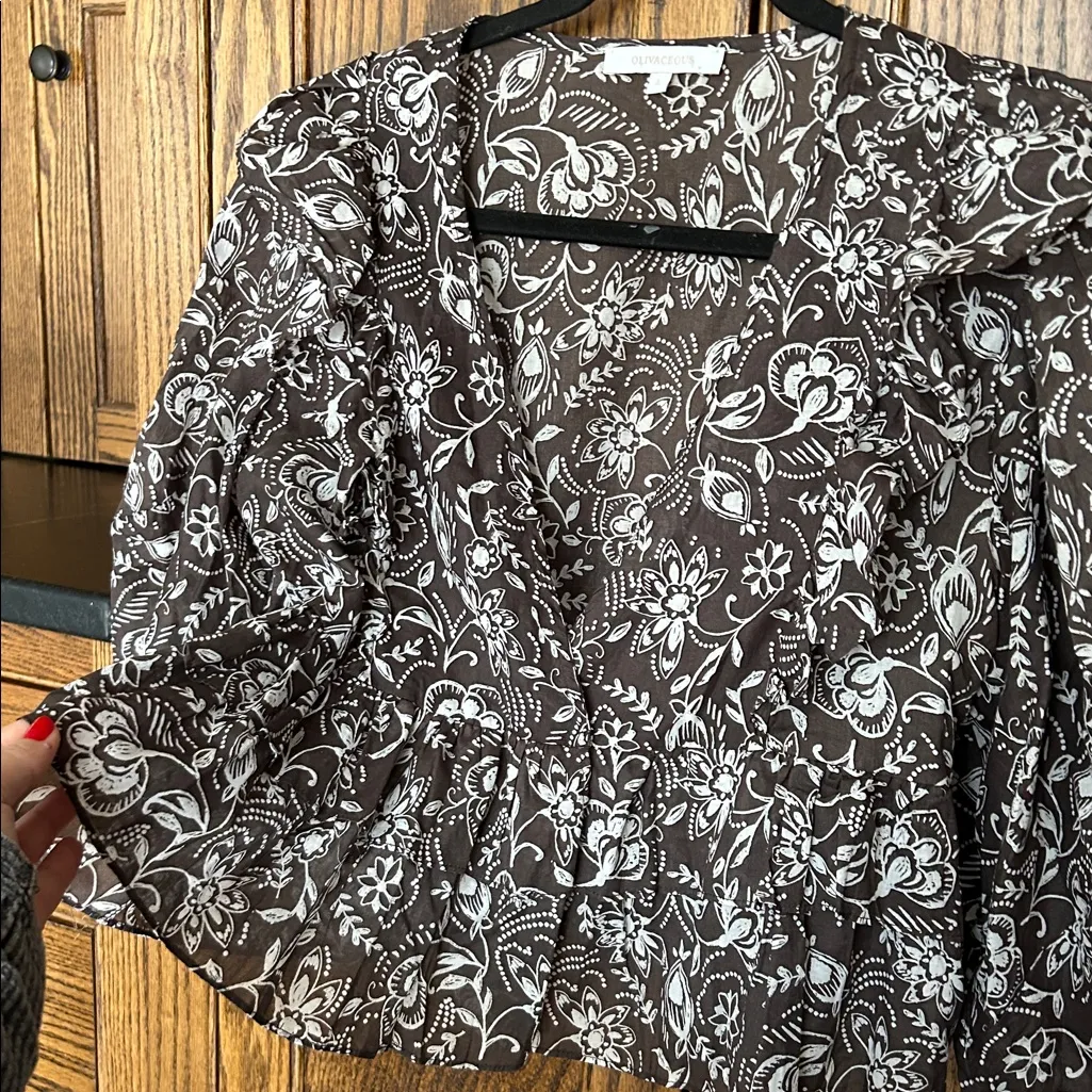 Olivaceous Floral Ruffle Crop Top‎ Dainty Shirt Chocolate Brown Holiday Large - Image 4