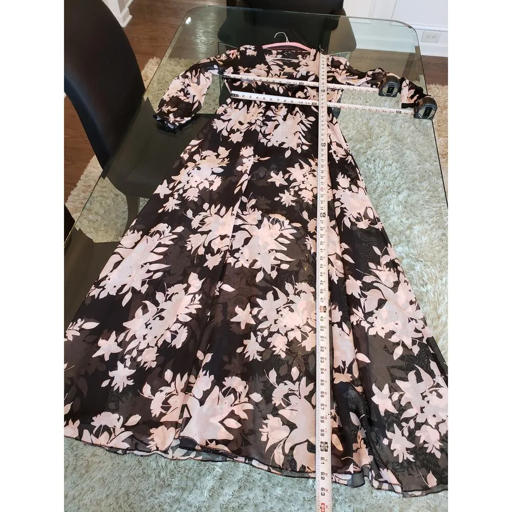Windsor Long Maxi Dress Women L Black Floral Sheer Surplice Neckline Cinch Waist - Image 8