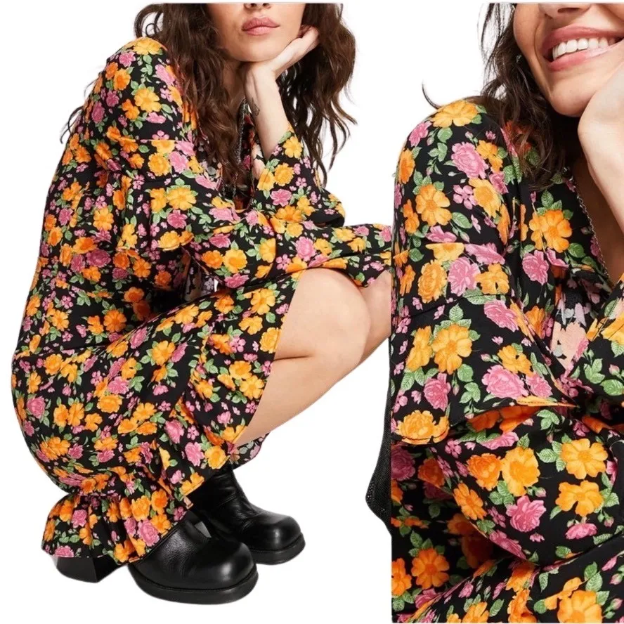 NEW Topshop Rose Ruffled Long Sleeve Mini Wrap Dress Floral Spring Size 6 - Image 4