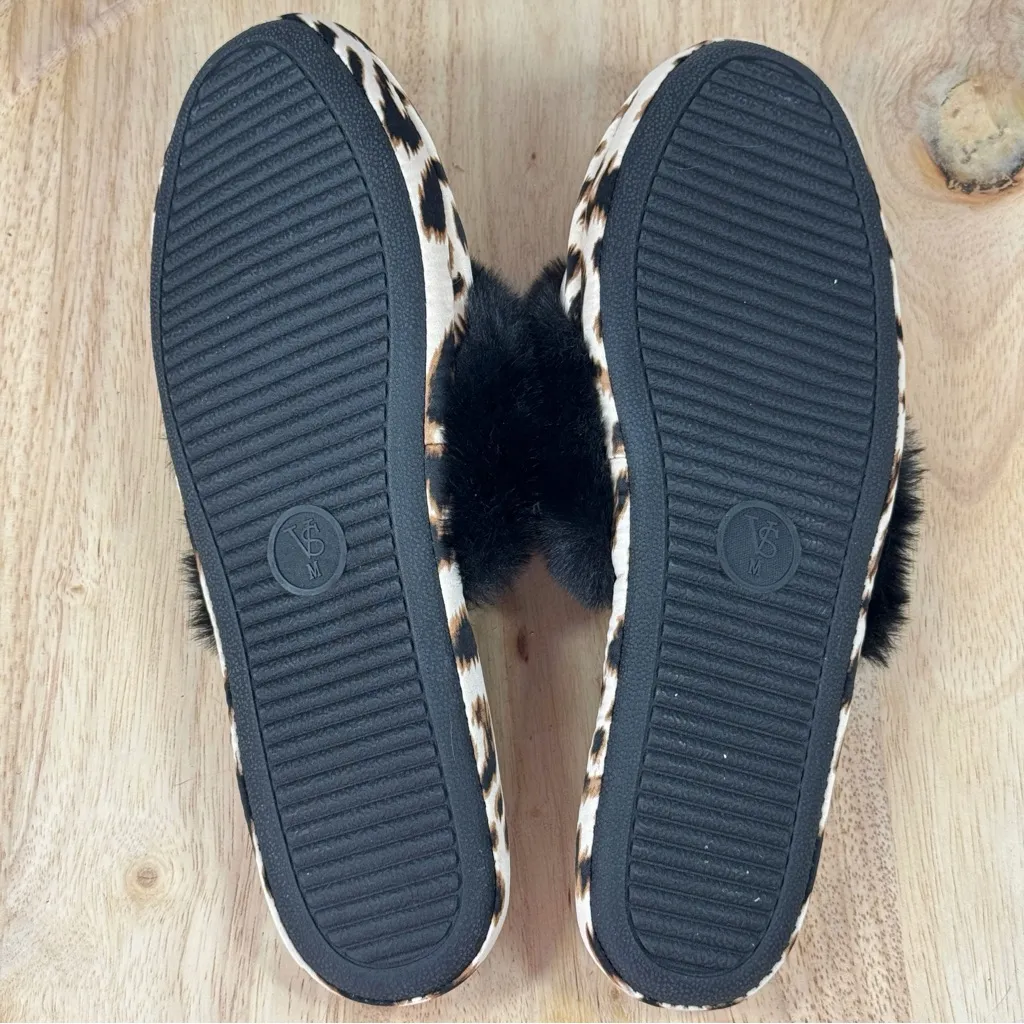 Victorias Secret Leopard Print Faux Fur Trim Satin Slippers Tan Black Medium - Image 9