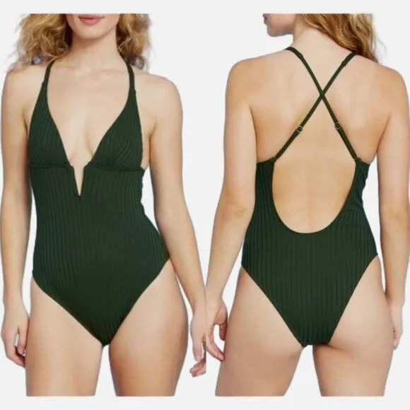 Shade & Shore Swimsuit One Piece Green Ribbed Plunge Swimsuit Size Large NEW - Image 2
