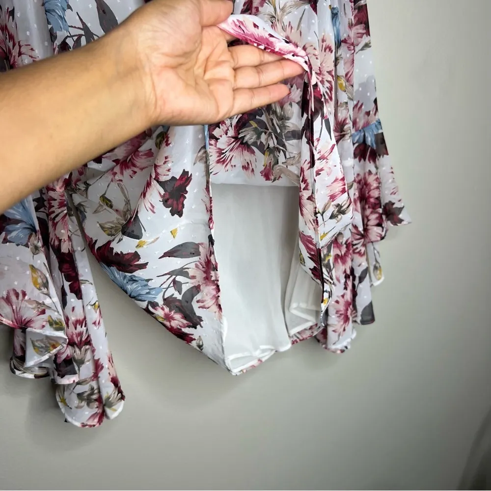 WHBM Floral Print Sheer‎ Chiffon Flowy Flare Sleeve Swiss Dot  Feminine Blouse - Image 11