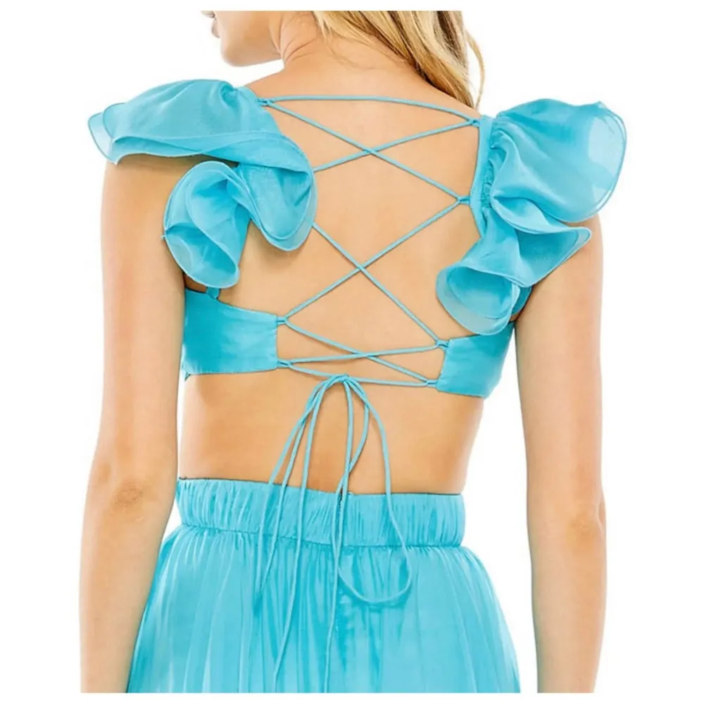 NEW Mac Duggal Ruched Ruffled Shoulder Cut Out Lace Up Gown Turquoise - Image 4