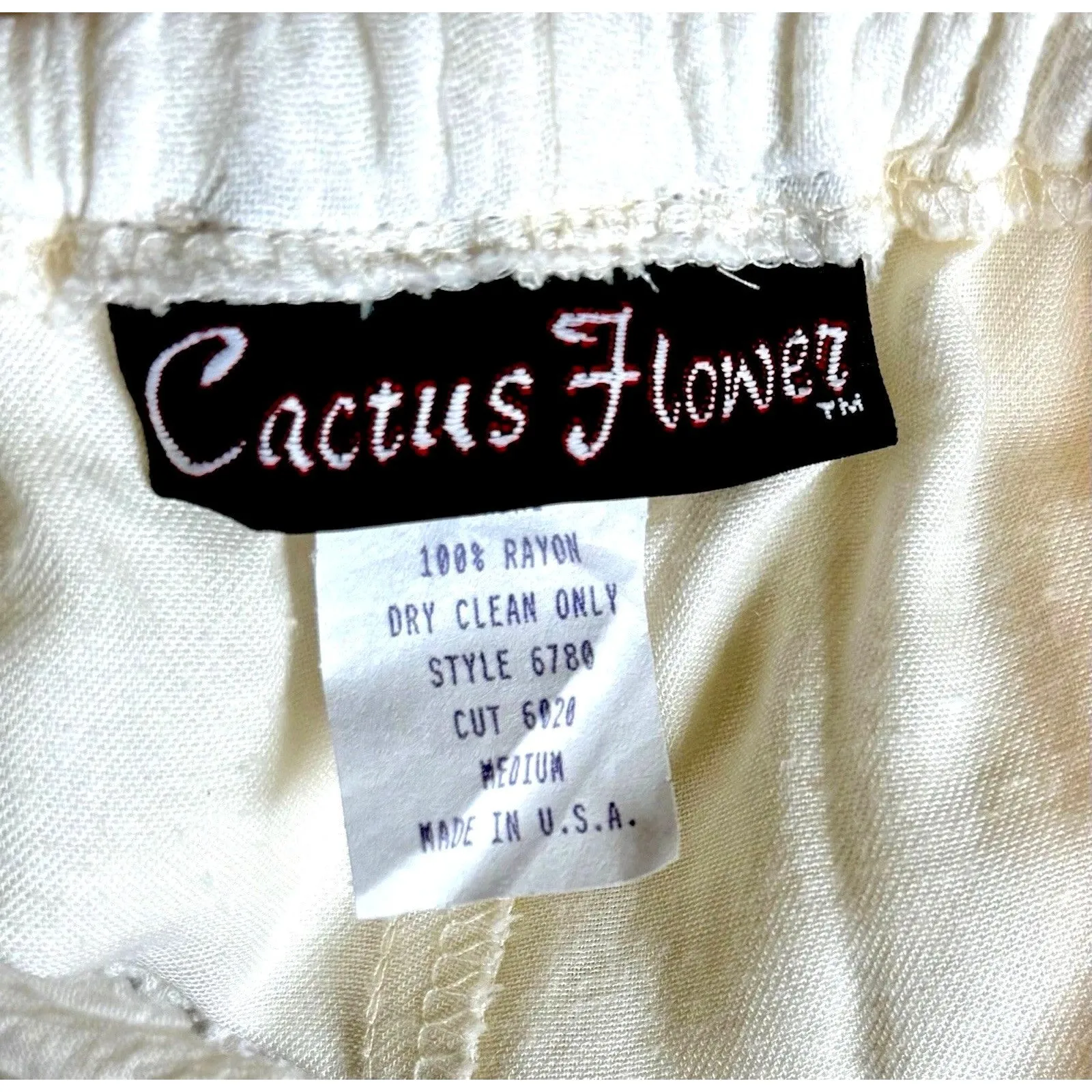 Vintage Cactus Flower White Ruffle Hem Pants Boho Cottagecore Made in USA Size M - Image 4