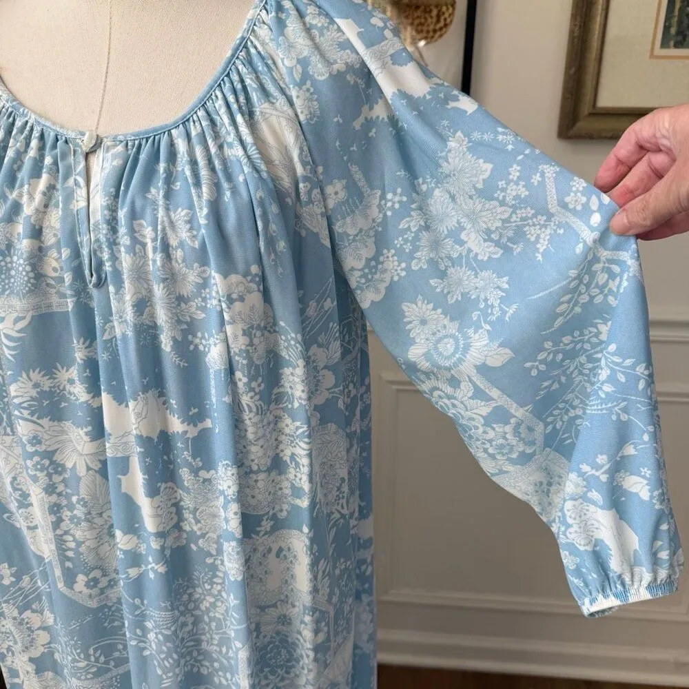 Vintage 70s Mistee Blue White Print Nylon Nightgown Maxi Dress USA M Size M - Image 5