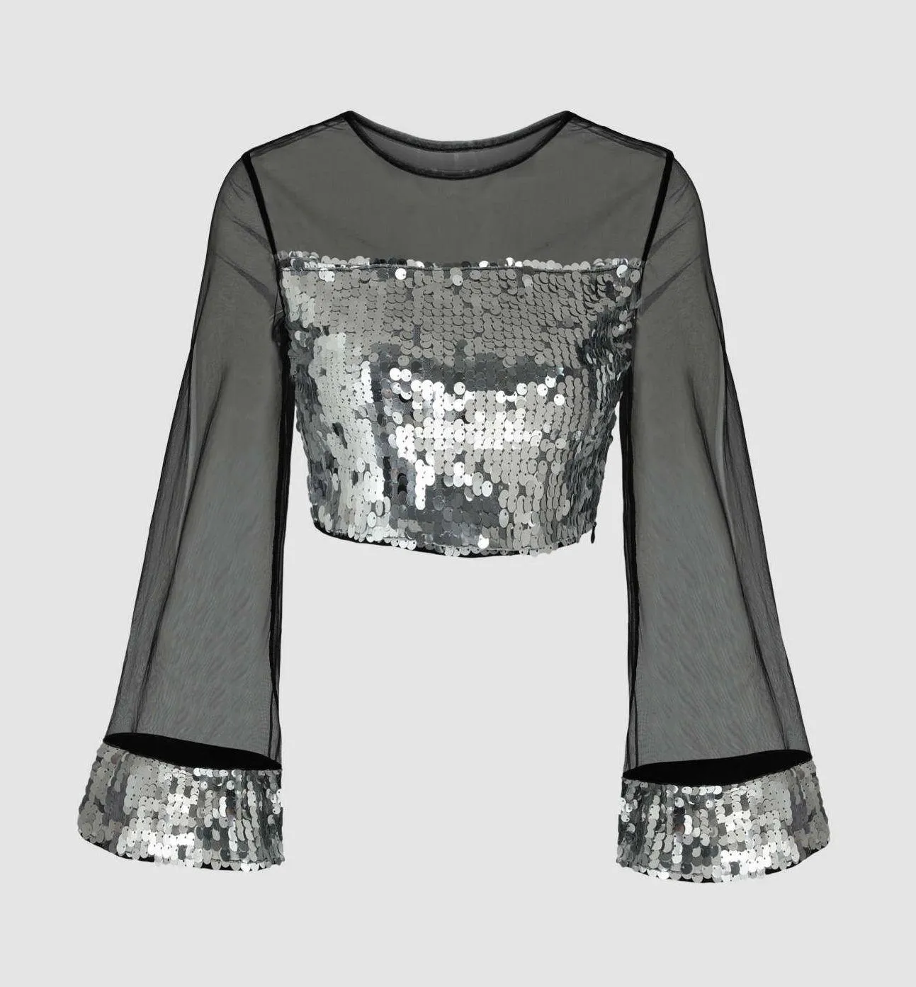 Mesh & Sequin Bell Sleeve Crop Top - Image 2