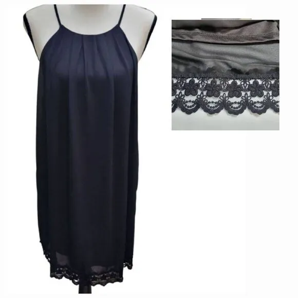 Monteau Sz L Sleeveless Black Dress Fully Lined Scalloped Lace Hem, Button Back - Image 2