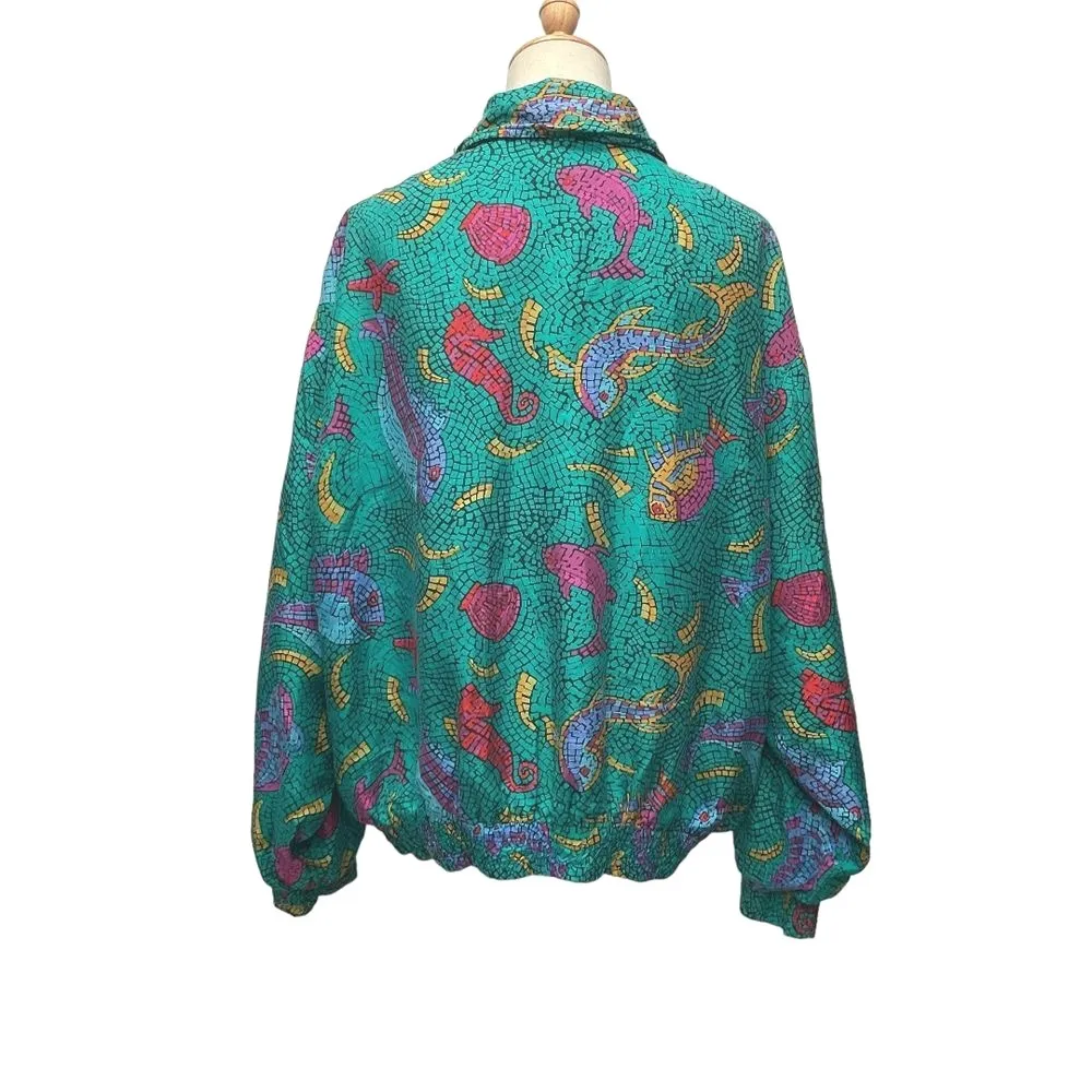 80s Lady‎ Bear Silk All Over Print Full Zip Bomber Jacket Green Plus Size 1X Vtg - Image 4