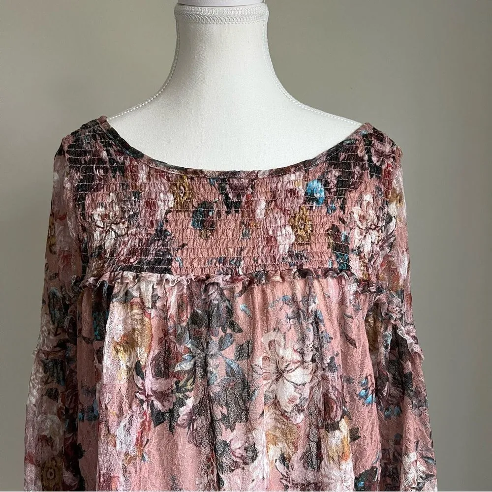 Anthropologie Akemi + Kin Patrizia Floral Lace Blouse Pink Medium Bell Sleeves - Image 4