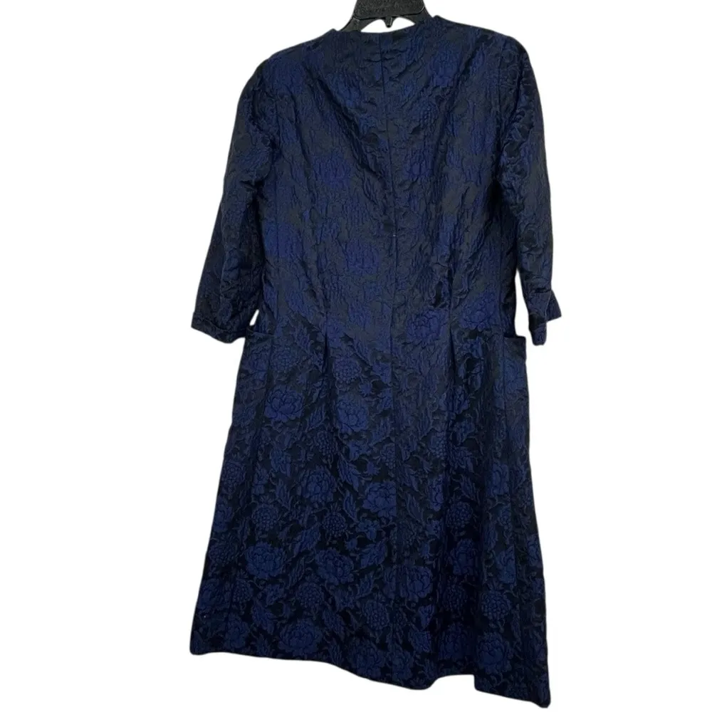 1950s Handmade Navy Floral Brocade Dress Coat Couture Saks Fifth Ave Seamstress Blue Size M - Image 7
