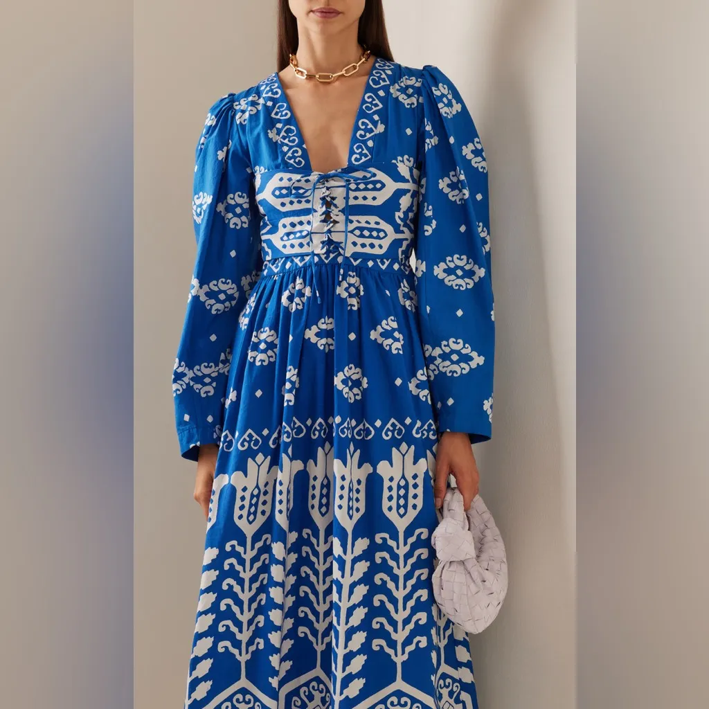 NWT Sonia Printed Cotton Blue and White Patterned Maxi Dress Size 10 - Image 6