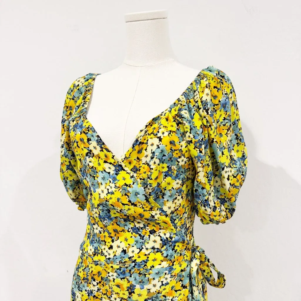L*Space Talia Floral Midi Wrap‎ Dress in Yellow Blue Cottage Peasant Size Medium - Image 4