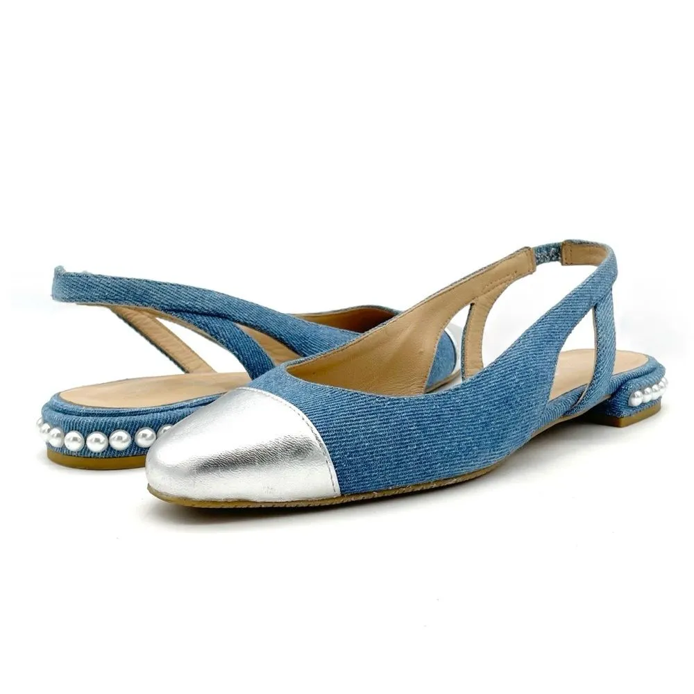 Stuart Weitzman Denim Pearl Slingback Flats Size 6 Silver Cap Toe Made in Spain - Image 7