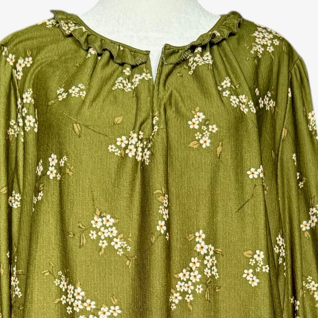 Melloday Olive Green‎ Daisy Print Floral Blouse Sz 1X - Image 2