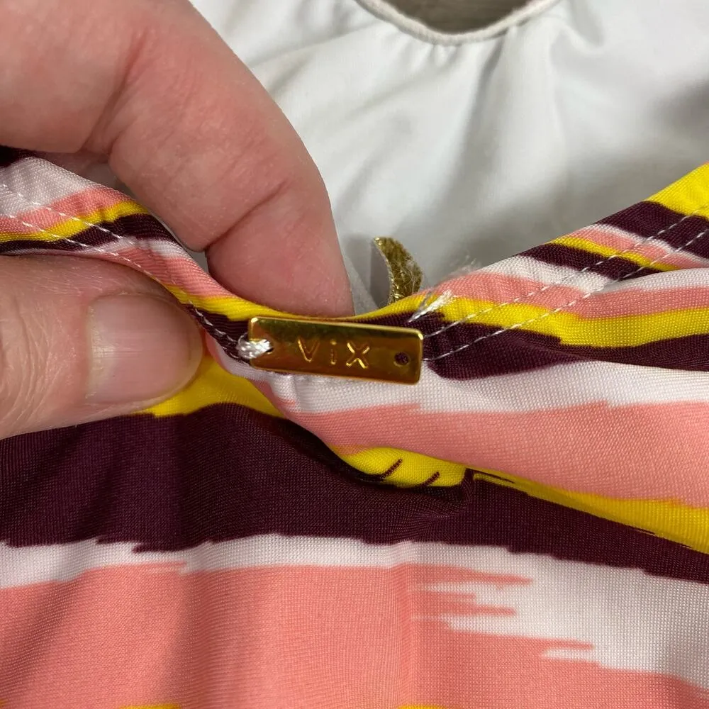 VIX by Paula Hermanny Brown&Yellow Watercolor Stripe Deep Plunge One Piece Sz.L Brown Size L - Image 8