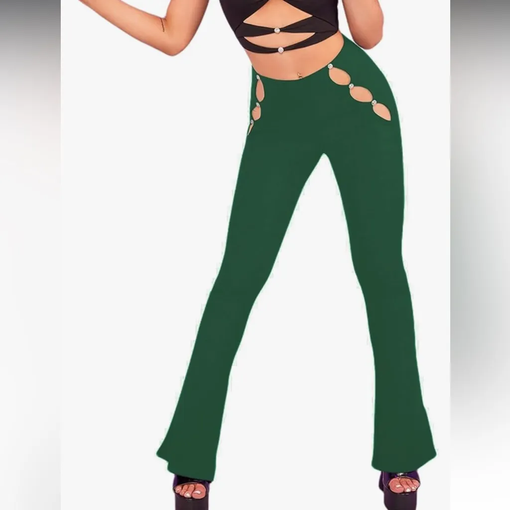Green High Waisted Flare Pants w/ Cut Outs; Size M; BRAND NEW! NWB! - Image 2