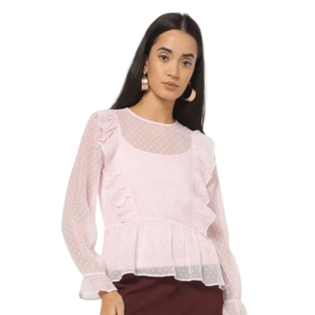 Rio Pastel Pink Sheer Cottagecore Blouse Size Medium Swiss Dot Coquette Pink Top - Image 2