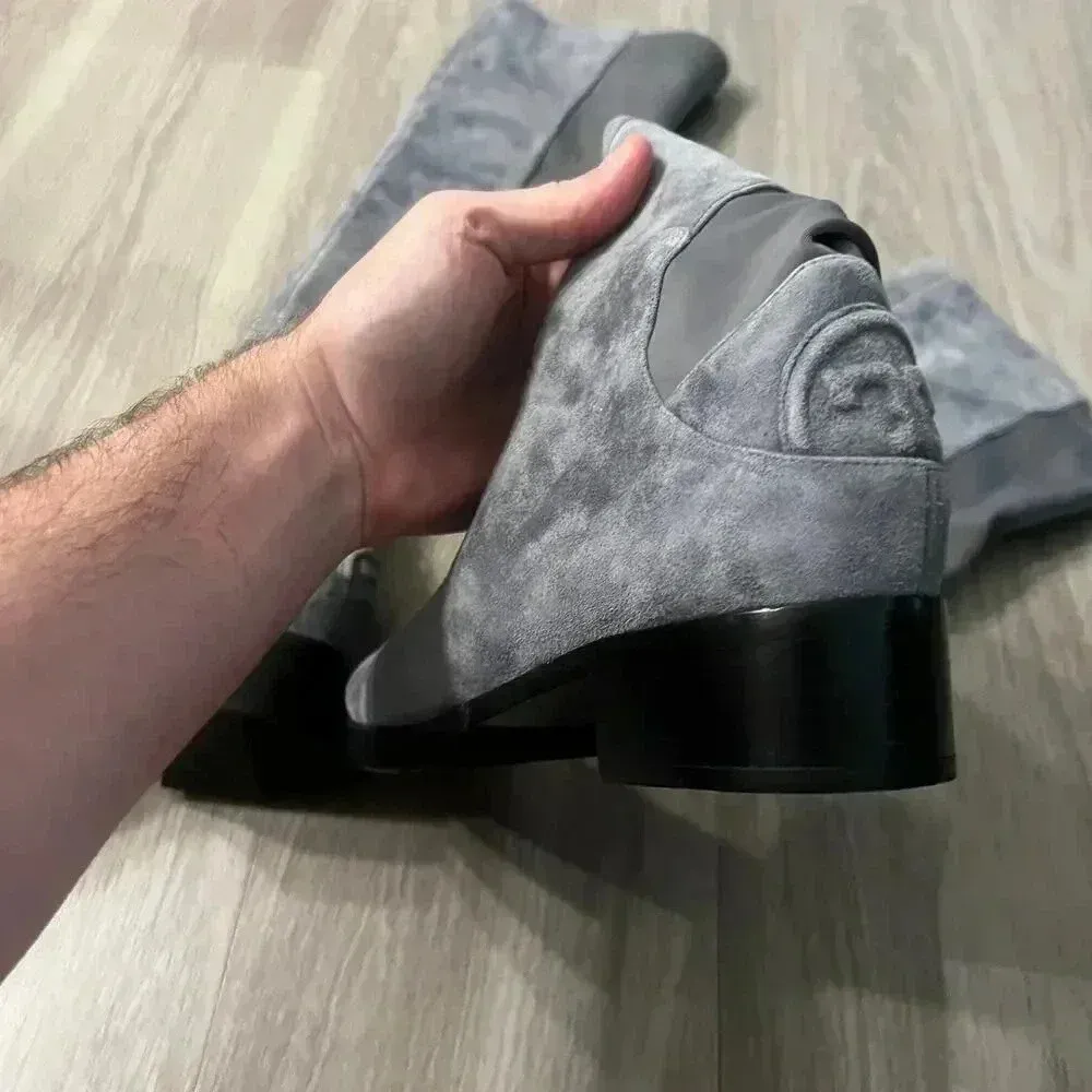 Tory Burch Caitlin Over The Knee Boot Embossed Logo Suede Gray Size 8.5 - Image 3