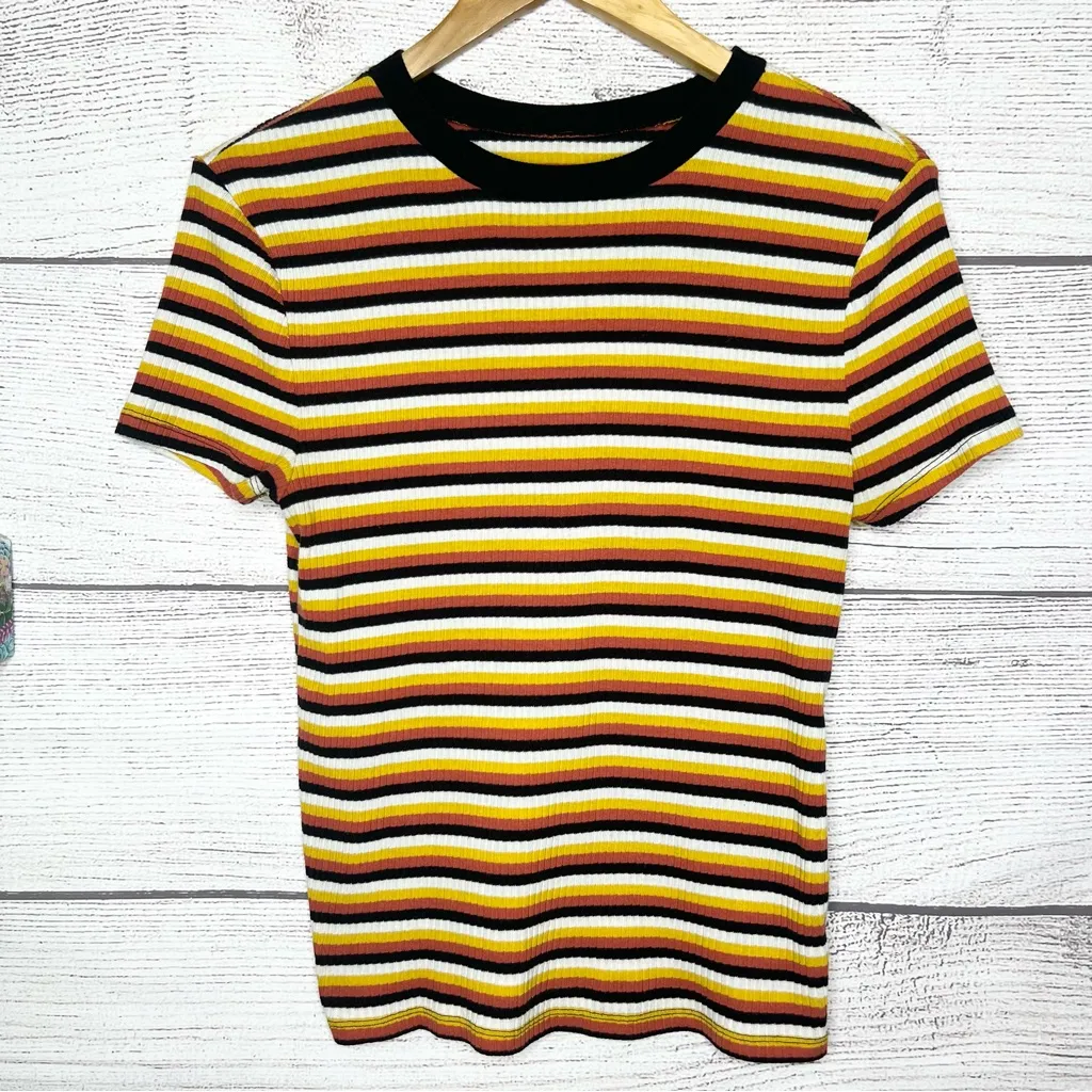Retro Striped Multicolor Stretch Ribbed Ringer Tee T-Shirt Top Size Large 11/13 - Image 8