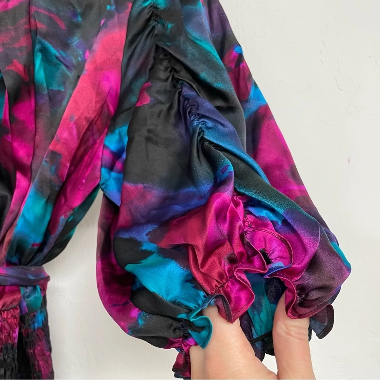 ABS Collection Silk Pink & Blue Floral Puff Sleeve Blouse Womens S Maximalist - Image 7