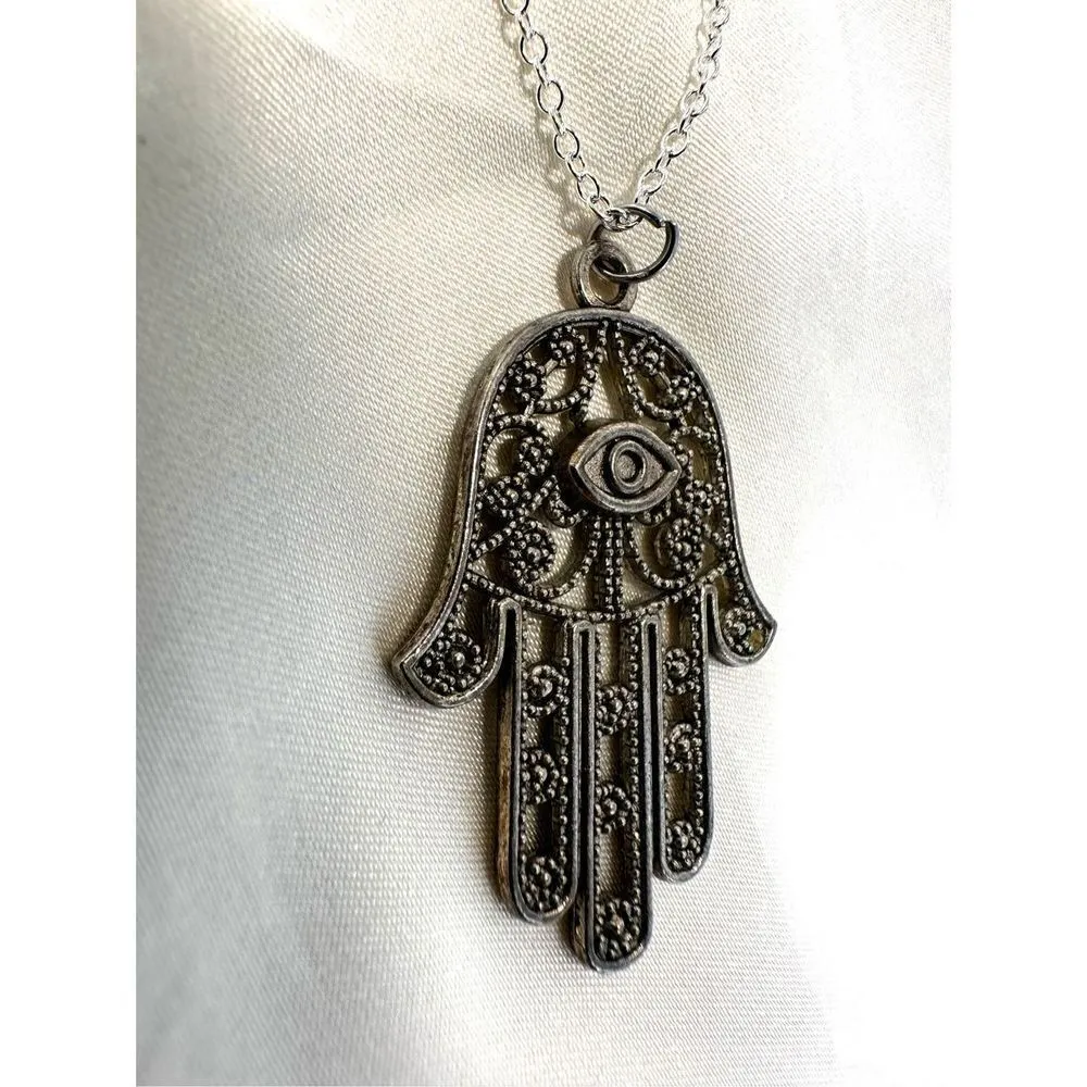 Silver tone Hamsa hand pendant necklace - Image 11