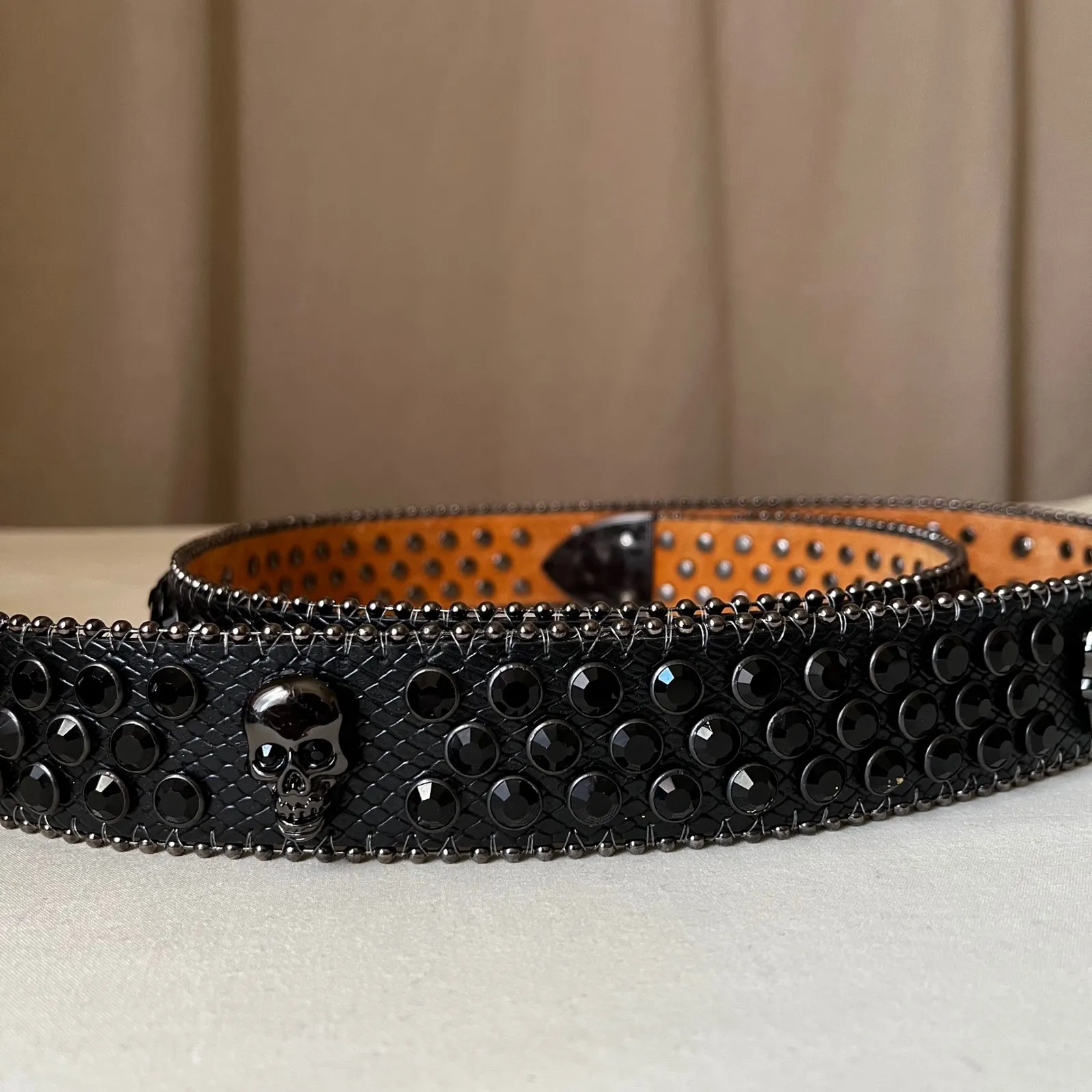 Black Rhinestone Skull Studded Western Belt XXL 1.5" Punk Rock Goth Style - Image 7
