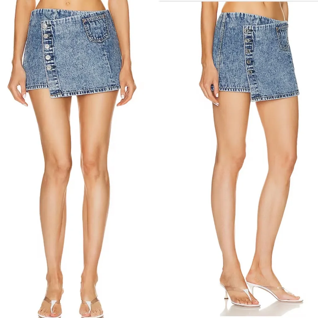 Re/Done Acid Blue Wrap Mini‎ Skirt Womens Size 27 Button Denim Jean Pocket NEW - Image 2