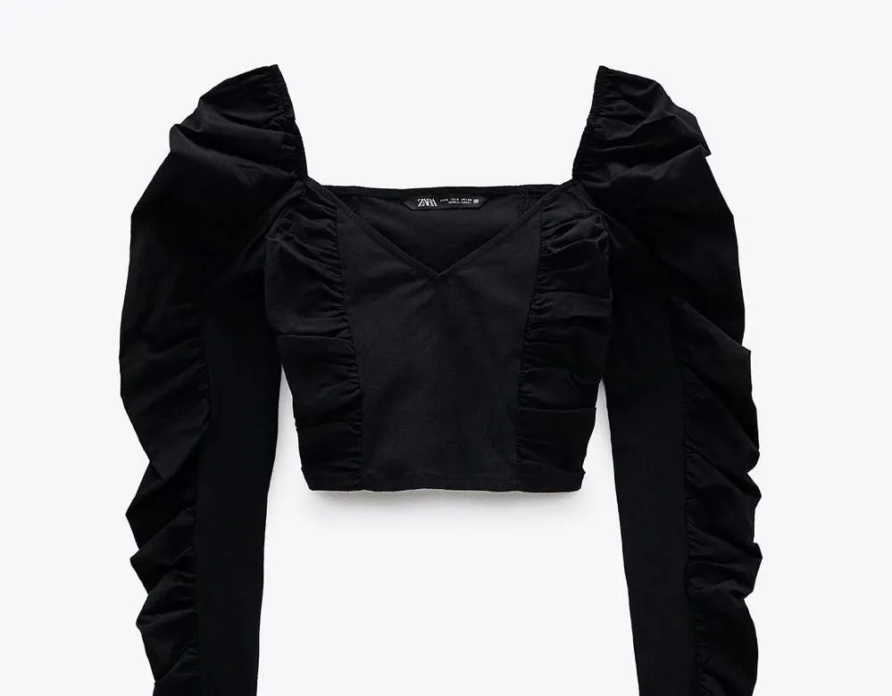 Black Ruffle Crop Top with Gathered Details - Image 4