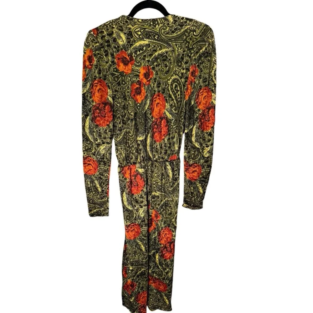 Dark Floral Velvet Long Sleeve Midi Dress Women’s Size 8 Green - Image 2