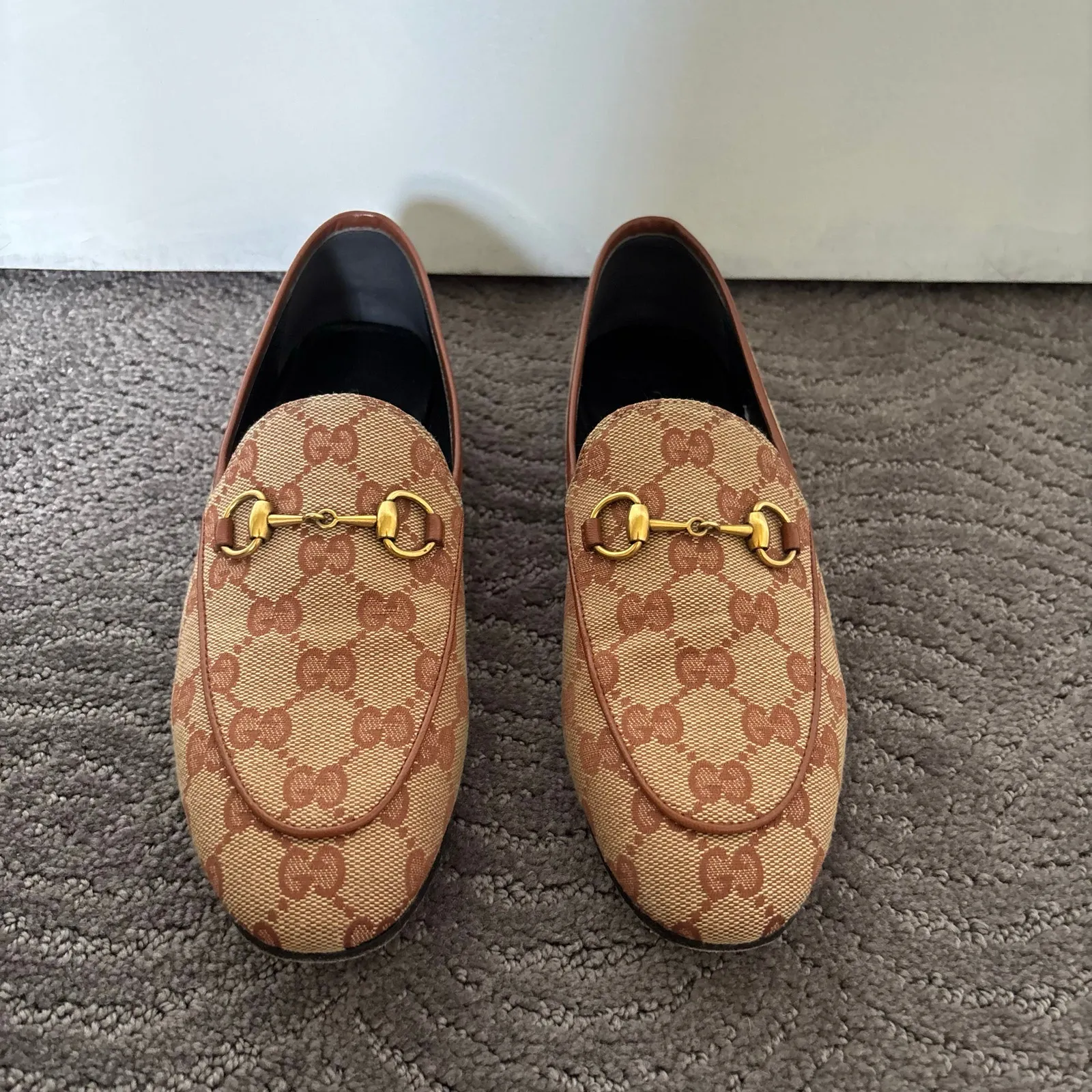 Gucci Jordaan GG Monogram Canvas Horsebit Loafers Beige Brown Flats Size EU 36.5 - Image 2